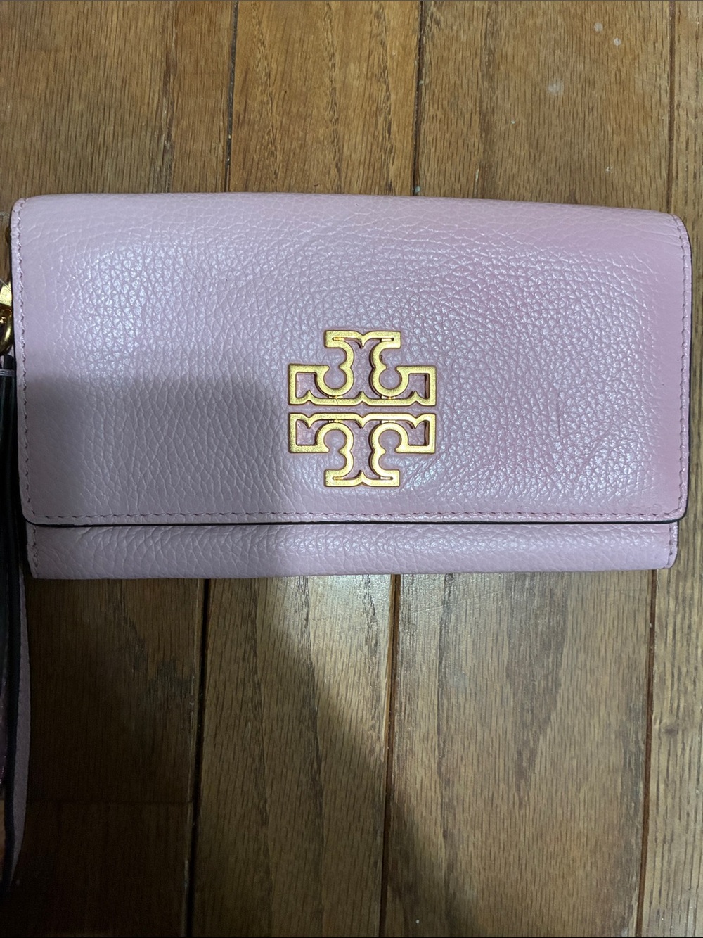 Tory Burch Pink Pebbled Leather Wristlet Wallet with Gold Logo